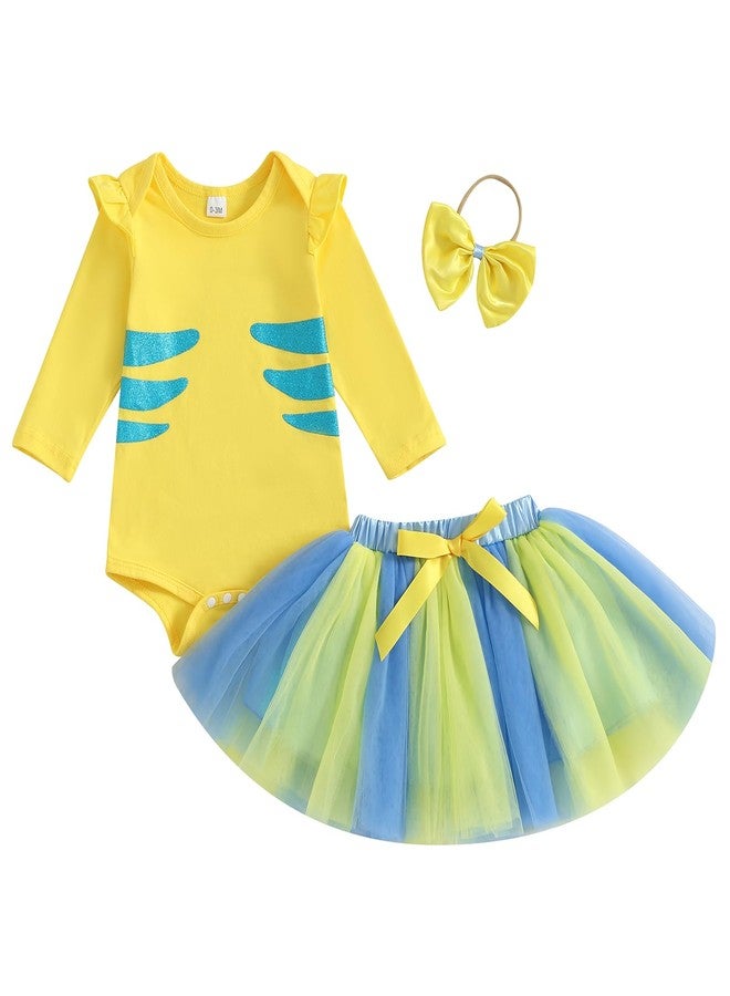 Frietlebird Baby Girl Halloween Outfit Baby Flounder Costume Long Sleeve Romper with Tutu Skirt Sets Infant Halloween Costumes (A-Yellow,3-6 Months) - Image 1